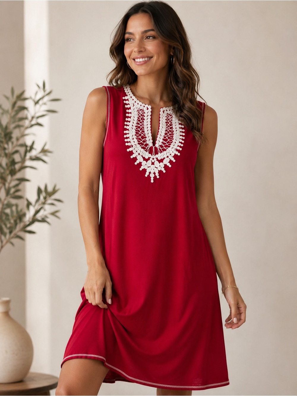 MAX Studio Red Sleeveless Shift Short Dress Crochet Lace Trim Size S NWT